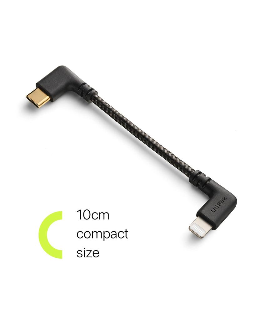 Zeskit MFi Certified Lightning to USB C Right 10cm Braided Cable, Angle,