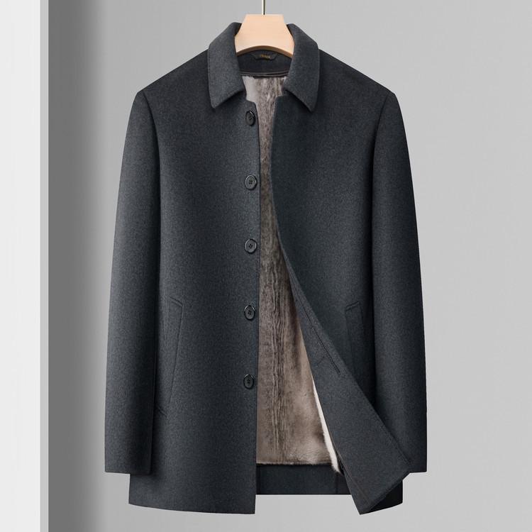 Men's Mid-Length Woolen Winter Coat with Plus Velvet for Middle-Aged and Elderly, Thickened Windbreaker Jacket.