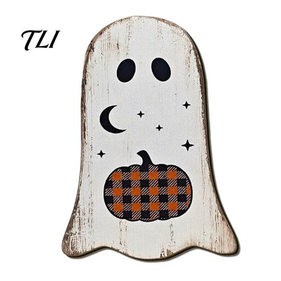 Halloween Living Room Table Decorations Wooden Tabletop Decorative Plaque, Rustic Distressed Wood Art Sign, Cute Autumn Home Accents Ghost Patterns