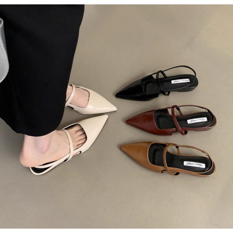 Women Leather Pu Casual Sandals Girl Fashion Mary Jane Shoes Slip On Flats Heels Ladies Pointed Toe Elegant Slingback Sandals