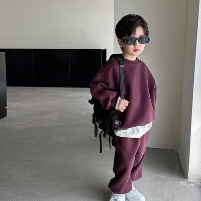 Boys Handsome Solid Color Set Long Sleeve Round Neck Sweatshirt + Long Pants Two Piece Set