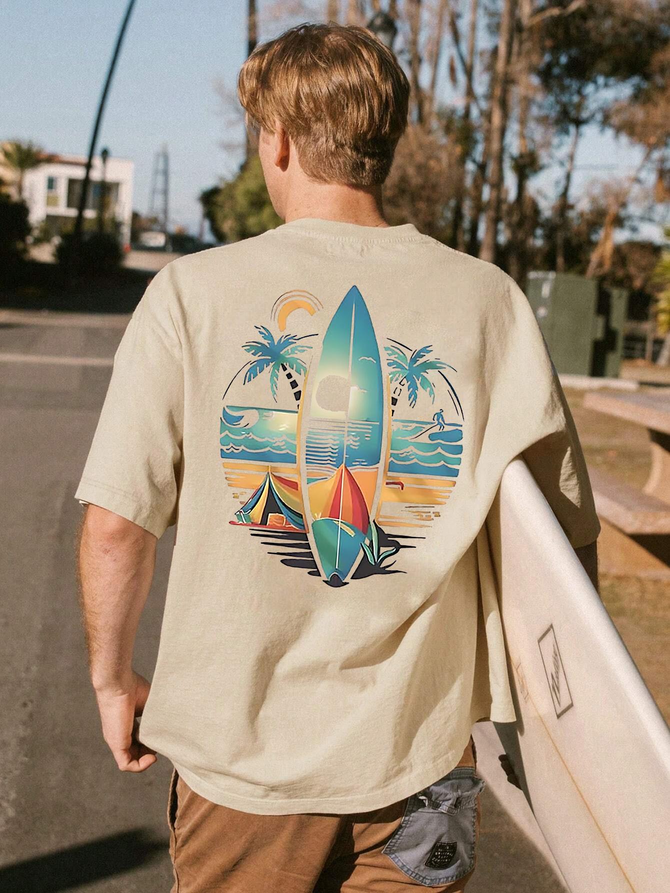 Mens Surfboard Graphic Tee Casual summer tee with vibrant beach scene design short sleeves crew neck S