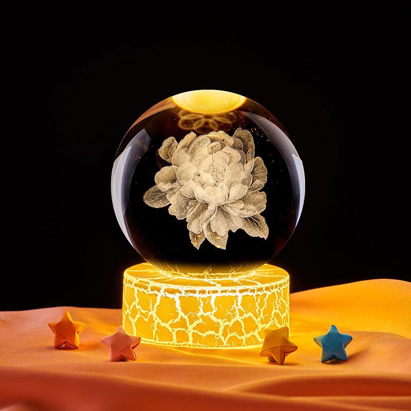 Peony 3D Crystal Ball Night Light - Creative Ornament & Birthday Gift for Qixi Festival