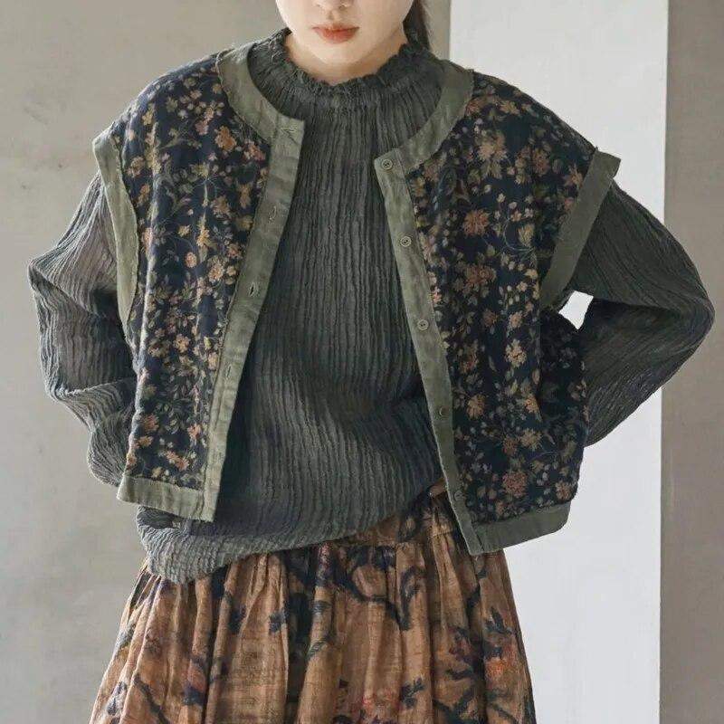 Johnature Gilet da donna in cotone con stampa floreale Cappotti con bottoni con o-collo Primavera Gilet da donna in stile cinese di alta qualità