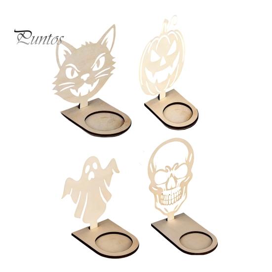 Wooden Candle Holder Halloween Ornaments, Decorative Cat/Pumpkin/ Ghost/Skull Projection Parent Child DIY Kit Stand, Creative Tabletop for Home