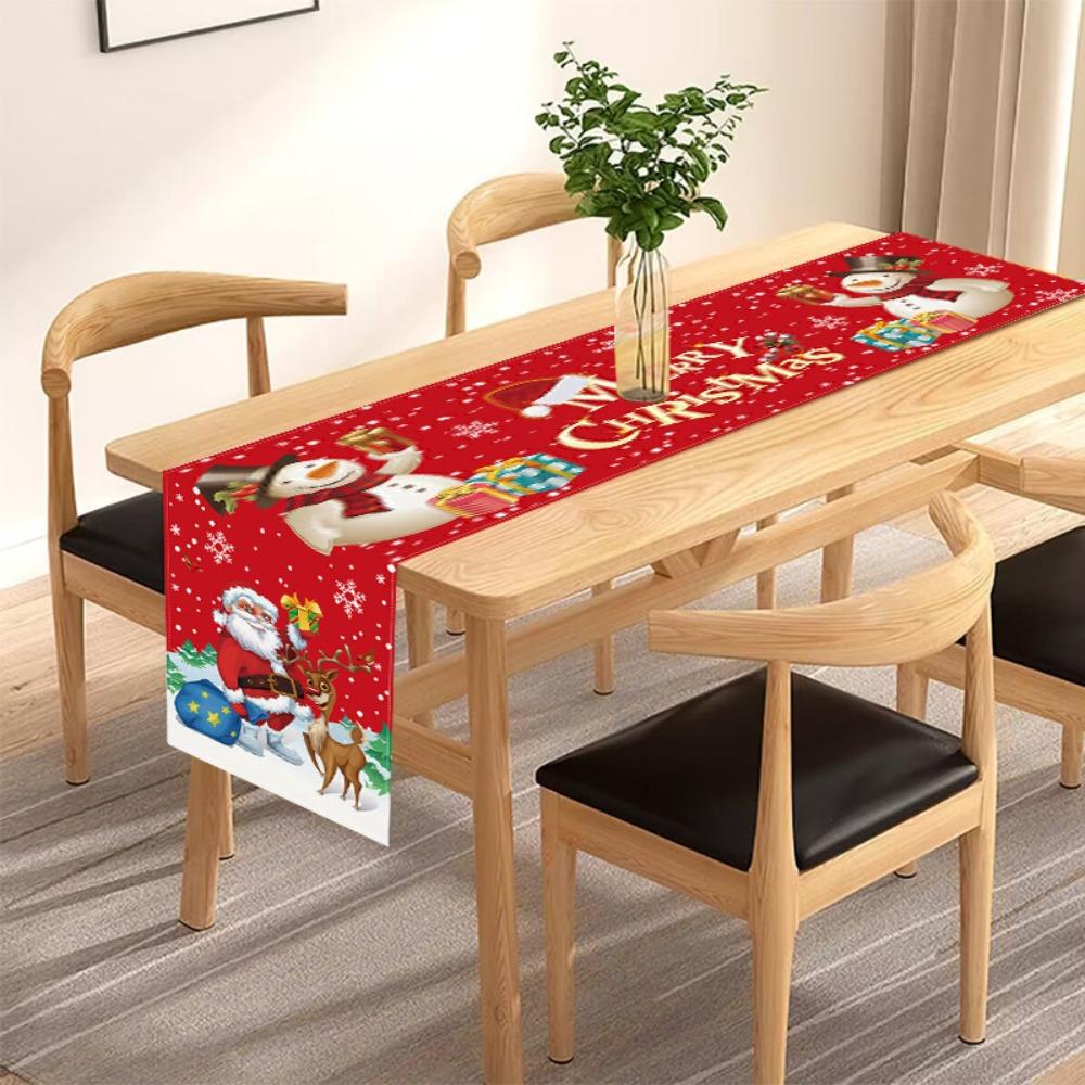 Christmas Red Plaid Table Runner with Gnome Snowman Print for Home Dining Room Decor