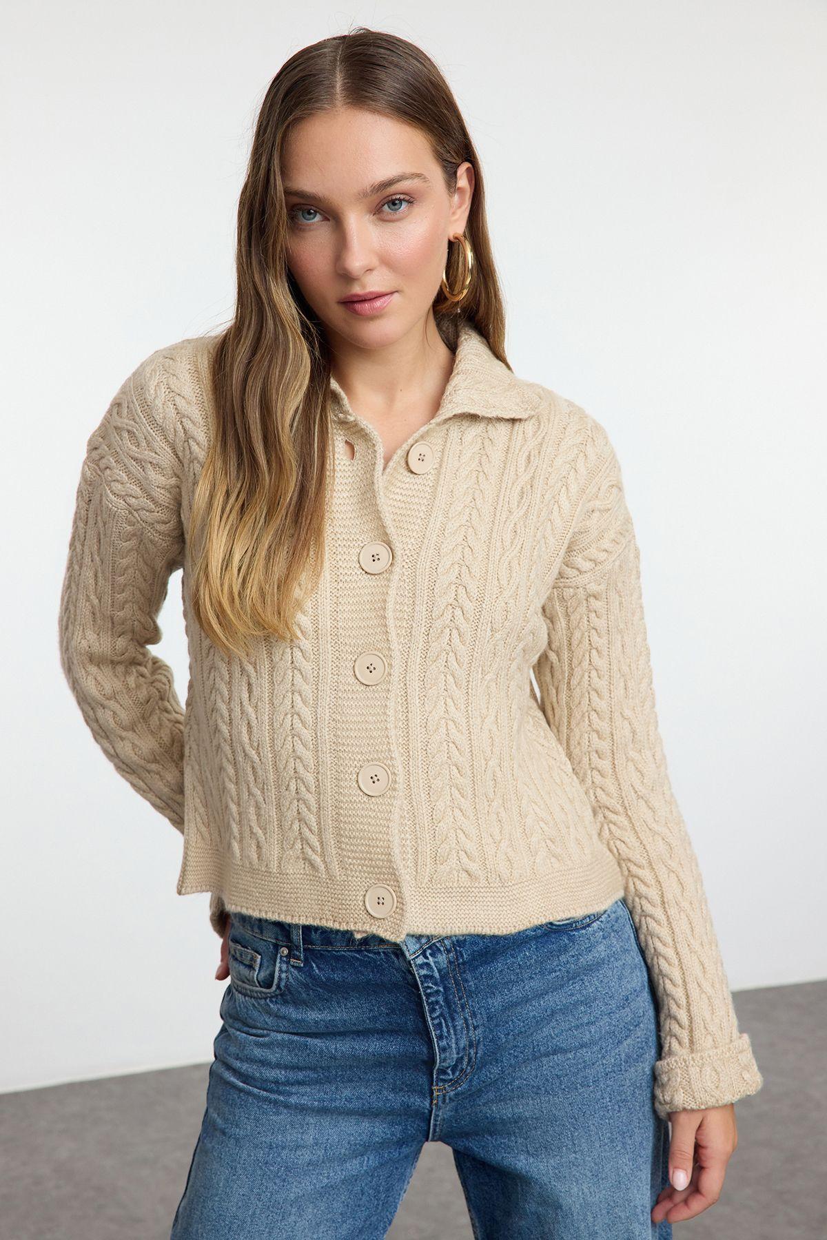 

Women s Elegance Style Cardigan Stone Polo Collar Soft Textured Knitwear Cardigan S