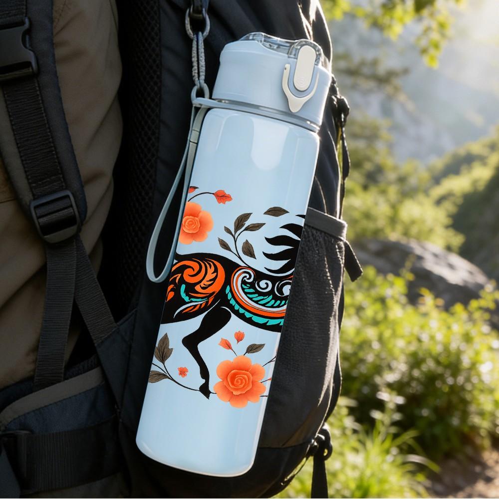 1PC Decorative Floral Running Horse 750ml Color Plastic Sports Water Bottle Leakproof Flip Straw Lid Suitable for Sports Office Home Use