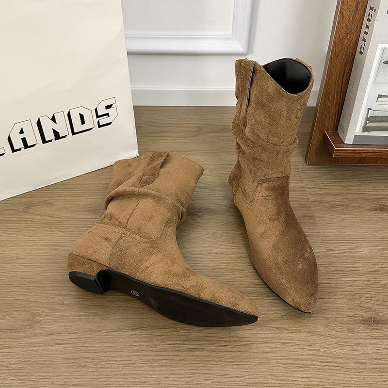 Pointed suede inner height increasing short tube stacking boots fashionable versatile thin boots flat bottom short boots women's pleated knight boots