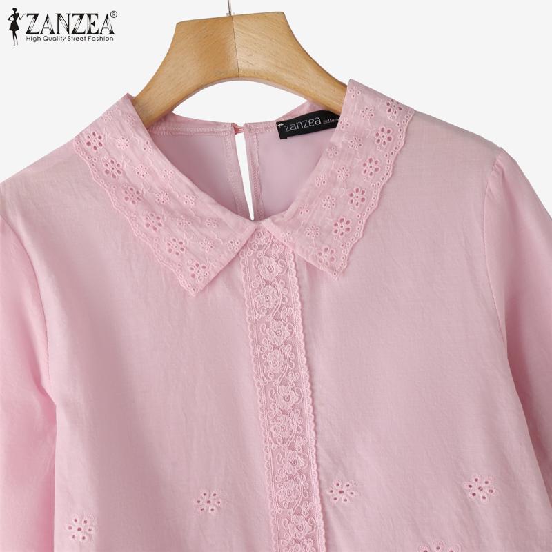ZANZEA Women Casual Turn Down Collar 3/4 Sleeve Loose Crochet Blouse