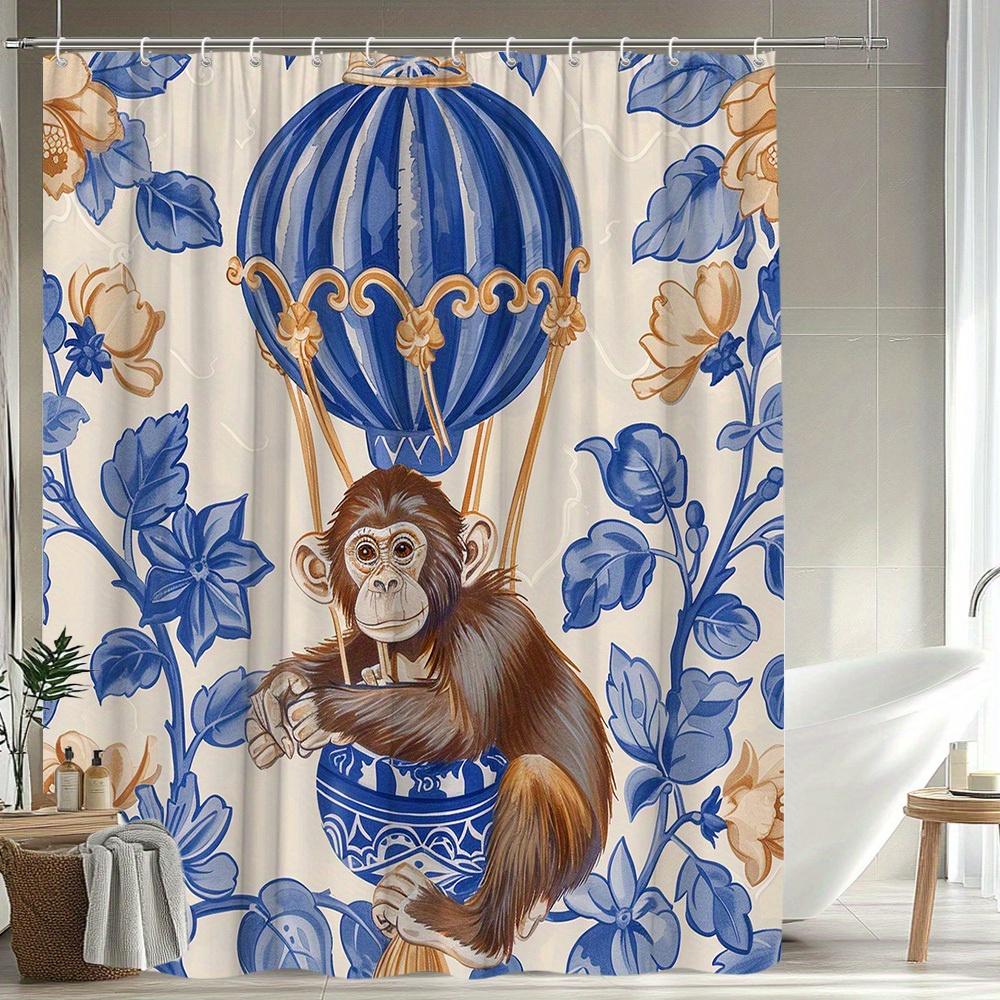 

1pc. Hot Air Balloon Animal Pattern Shower Curtain with Plant Background, Polyester Fabric, Includes 12 Hooks, 70. 8x70. 8 Inche 90x180cm