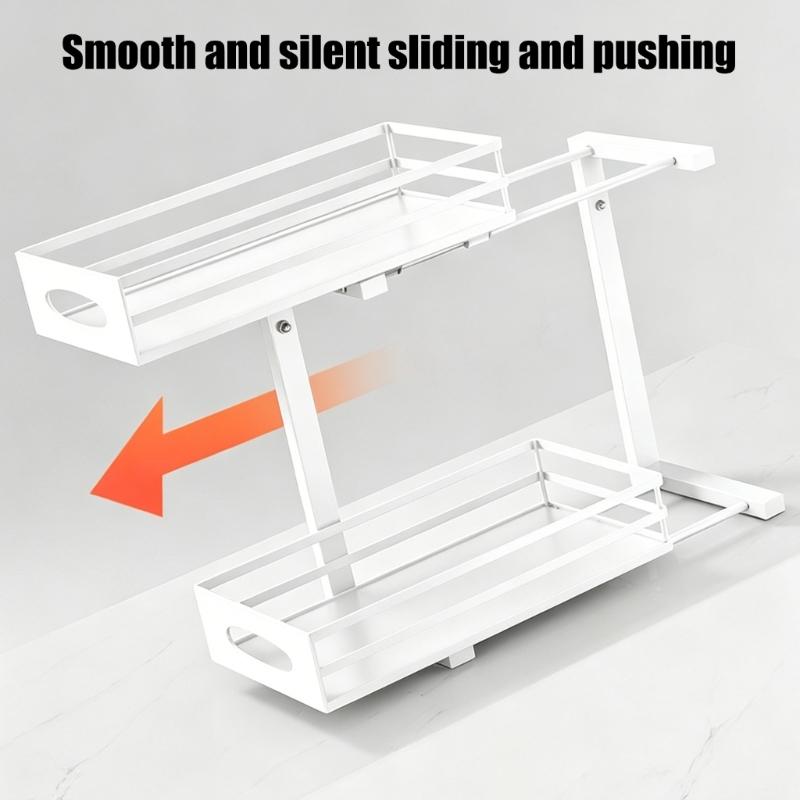 Metallic Beneath Cabinet Pull Out Holder 2 Level Adaptable Shelf For Kitchen Sink Storage Practical Solution