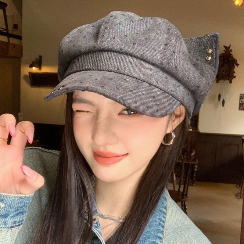 Cute Cat Ear Beret Hat Women - Vintage Octagon Cap With Polka Dots Wide Brim Adjustable Fit Fall Fashion