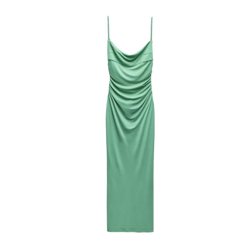 

Spring New European and American Style Straight Collar Camisole Sexy Sheath Fashion Backless Ruched Dress 8342333 Medium Green L