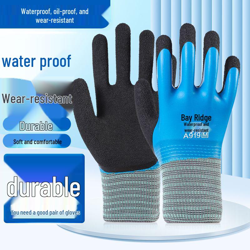 Double-Layer Waterproof Anti-Slip Wear-Resistant Rubber Work Gloves for Shellfish Gathering with Thickened Nylon.