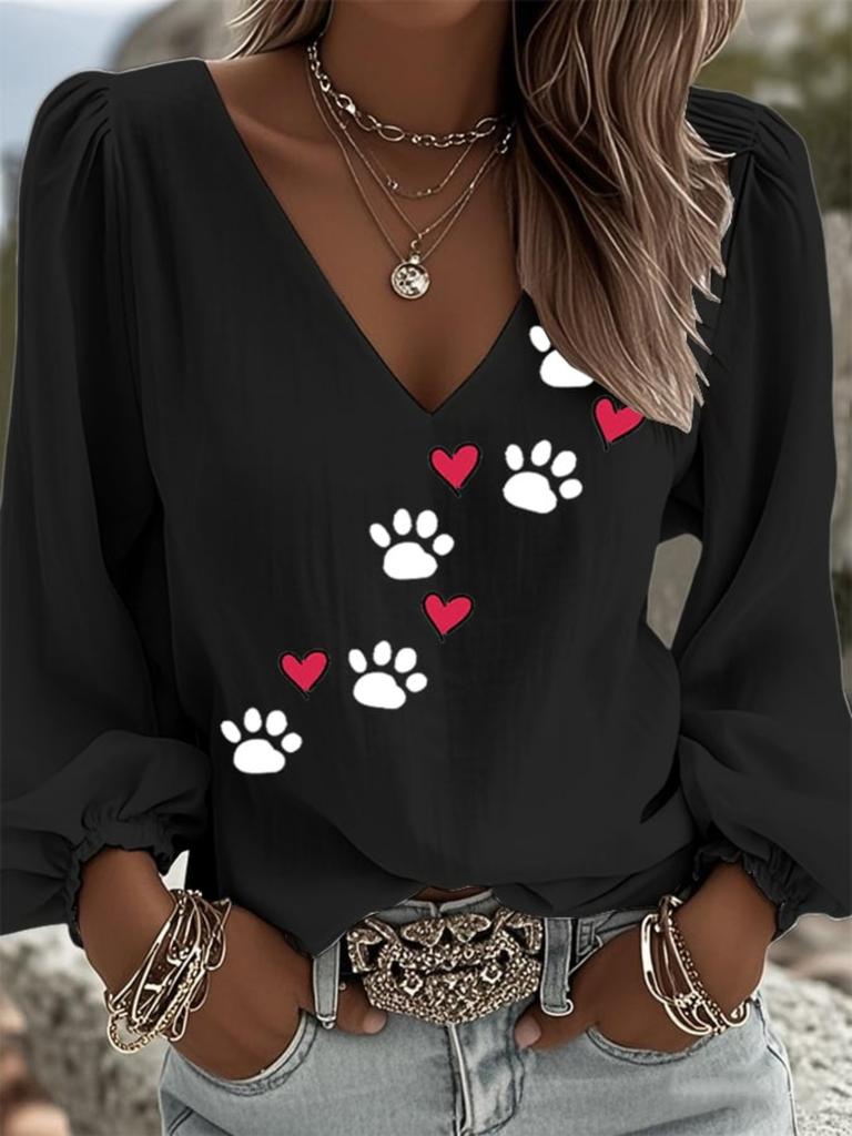 Retro Ethnic V-neck Women's Top - Lantern Sleeve Totem Print Loose and Slimming Long-sleeved Top - Bohemian Style