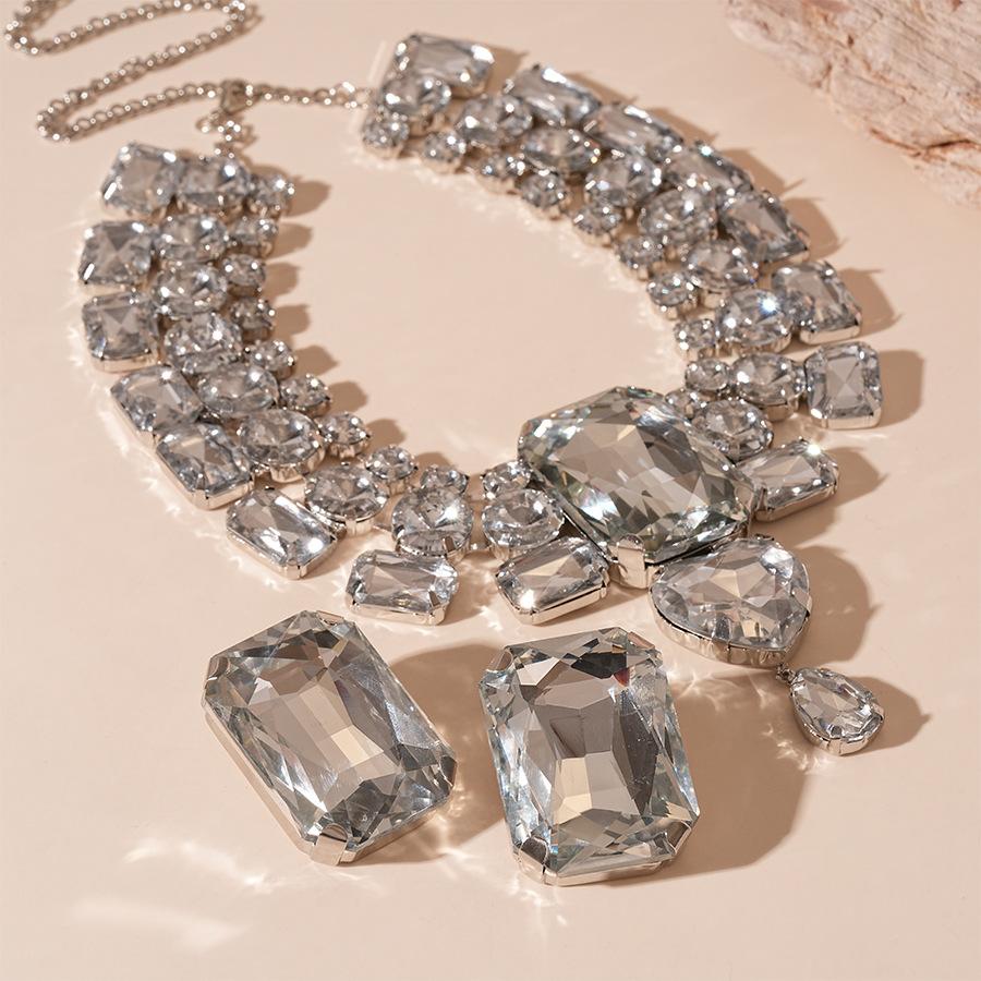 Exaggerated Inlaid Rhinestone Earrings Jewelry Set Square Necklace for Women Wedding Party Accessories