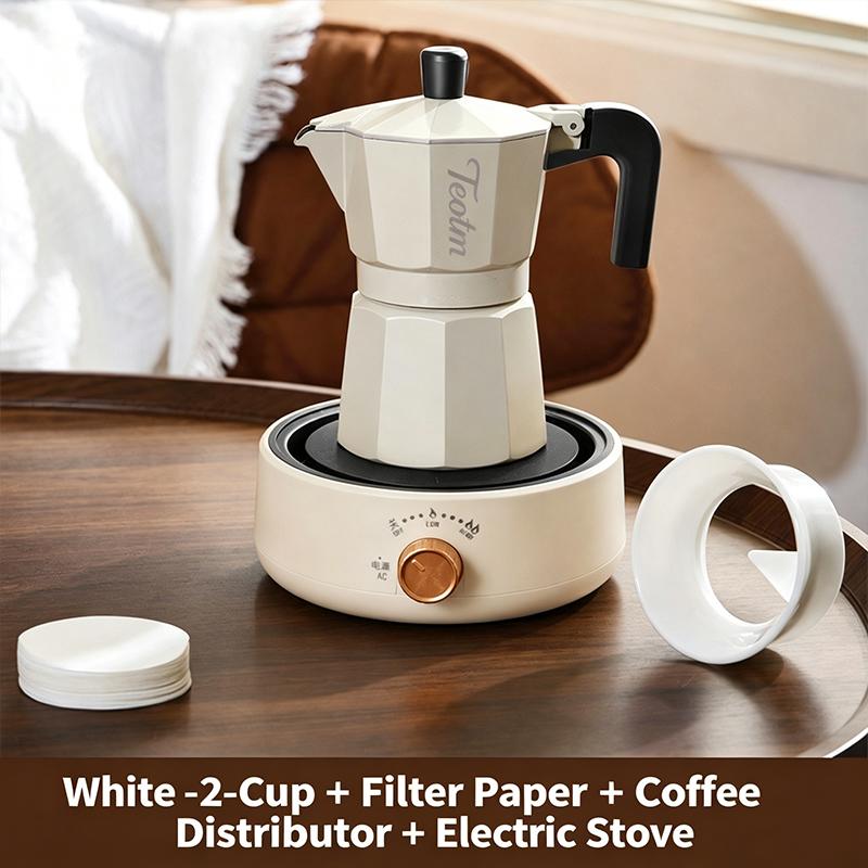 Double Valve Moka Pot 2‑Cup Capacity White Aluminum Coffee Maker Stovetop Espresso Brewer for Home Kitchen Use Make Rich Flavor Coffee Daily Household