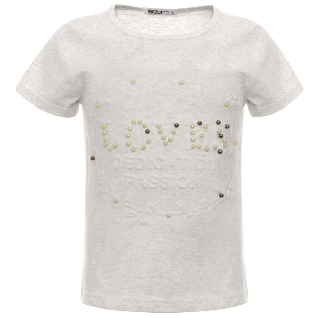 Girls Summer T-shirt with Faux Pearls and Print Motifs