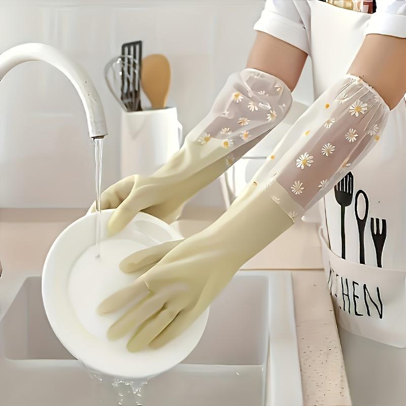 Durable Waterproof PVC Cleaning Gloves, Non-Slip Dishwashing Gloves with Floral Pattern