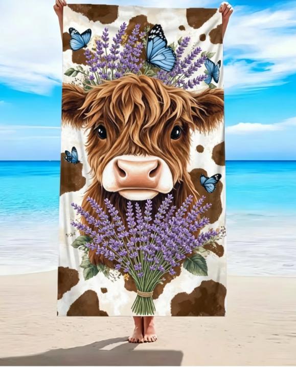 Hochlandkuh Strandtuch, Mikrofaser Groß Sandfrei Schnelltrocknend Sonnenblume Schmetterling Nutztier Design Weich Saugfähig Strandtuch 70X140cm  &1pc