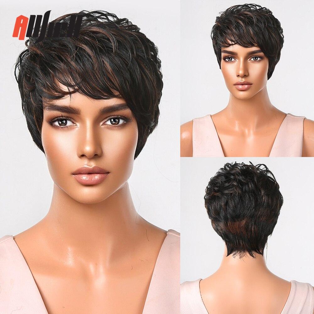 Kurze synthetische Perücken im Pixie-Schnitt, braun, natürlich, gerade, geschichtete Perücke für Frauen, Haarperücke für den täglichen Gebrauch, mit flauschigem Pony, hitzebeständig