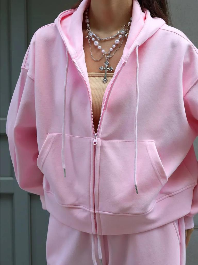 Women's Light Yellow Hooded Zip Up Tracksuit Set Casual Loose Fit Jacket and Wide Leg Pants