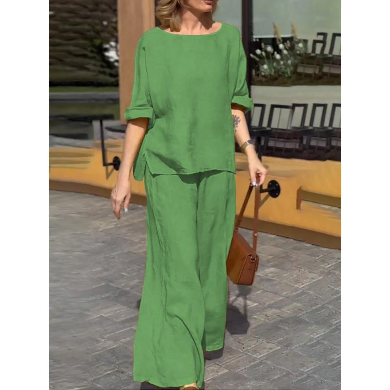 Women's Fashion Casual Summer Spring Solid Color Print Short Sleeve O-Neck Trousers Pants Suits