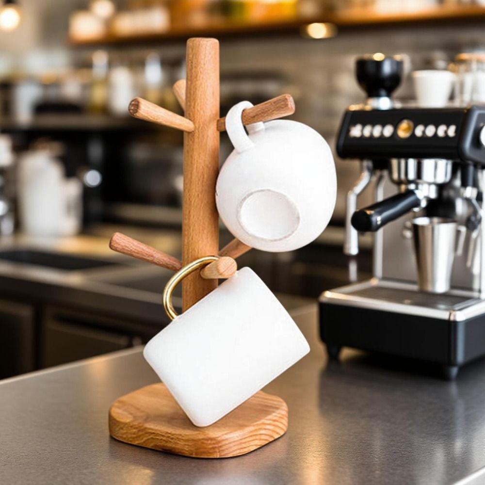 Wooden Mug Hanging Display Rack 6 Hooks Tea Cups Drainer Tabletop Drinkware Shelf  Home Decor