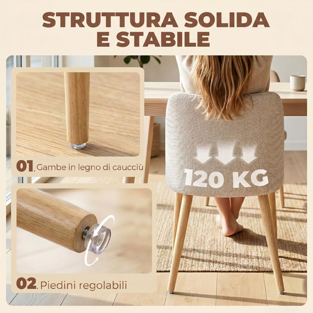 Set of 2 Dining Chairs in Linen-Effect Fabric and Rubberwood, Padded Seat, Curved Backrest, Cream