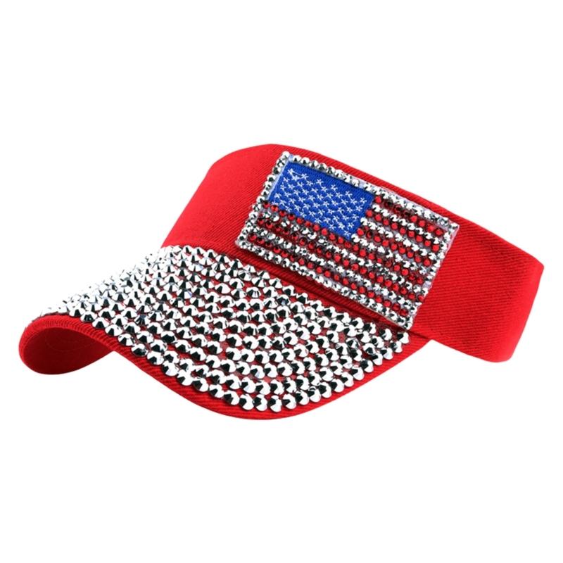 Handmade Rhinestones Embellished American Flag Design Sun Hat Breathable Cotton Adjustable Headwear For Outdoor Event