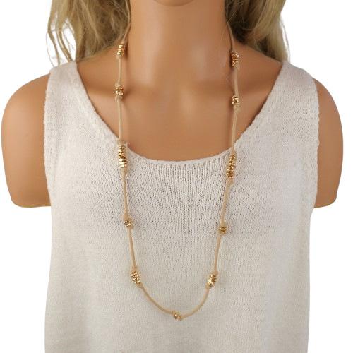 New retro leather rope metal beaded cable long necklace, women's bohemian leather rope necklace