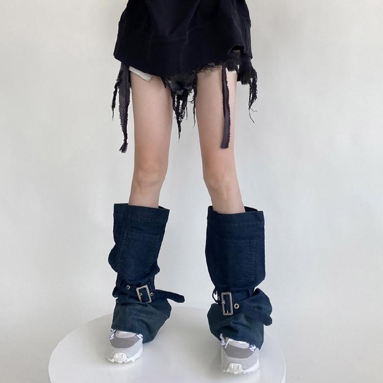 Women Japanese Punk Buckle Strap Leg Warmers Harajuku Aesthetic Streetwear Baggy Loose Denims Leg Sleeve Foot Covers