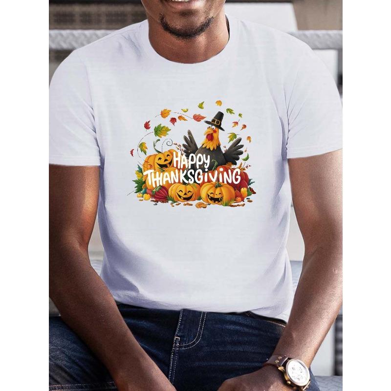 

plus size men s summer t-shirt, whimsical Thanksgiving scene graphic print short sleeve tees trend casual tops for daily life, big & tall guys 2XL белый