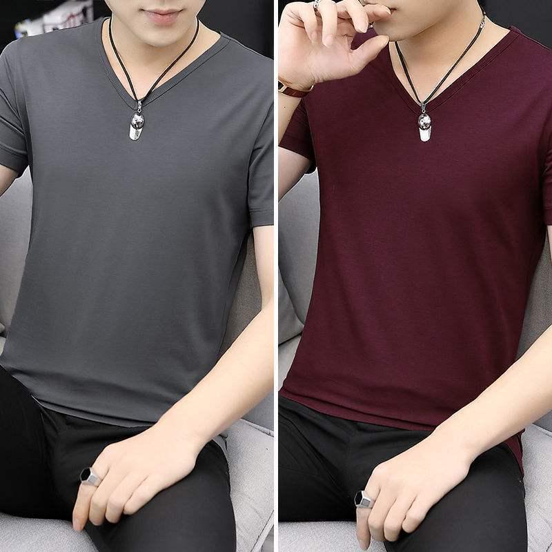 2-pak męskich koszulek z lodowego jedwabiu z dekoltem w serek, z krótkim rękawem, slim fit