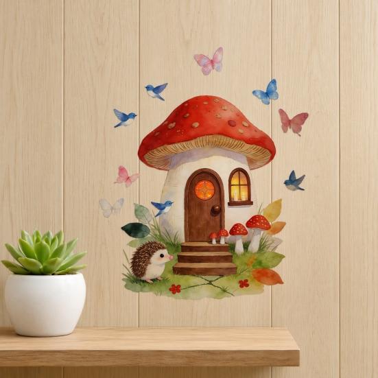 Mushroom House Wall Stickers, Peel And Stick Vinyl Decals, Watercolor Fairy Tale Wall Stickers with Hedgehogs Birds Butterflies for Kids Bedroom
