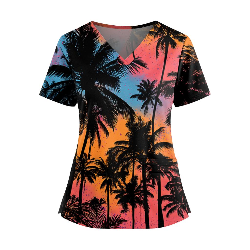 Women's Hawaiian Print V-Neck Double Pocket Short Sleeve Uniform/ Top