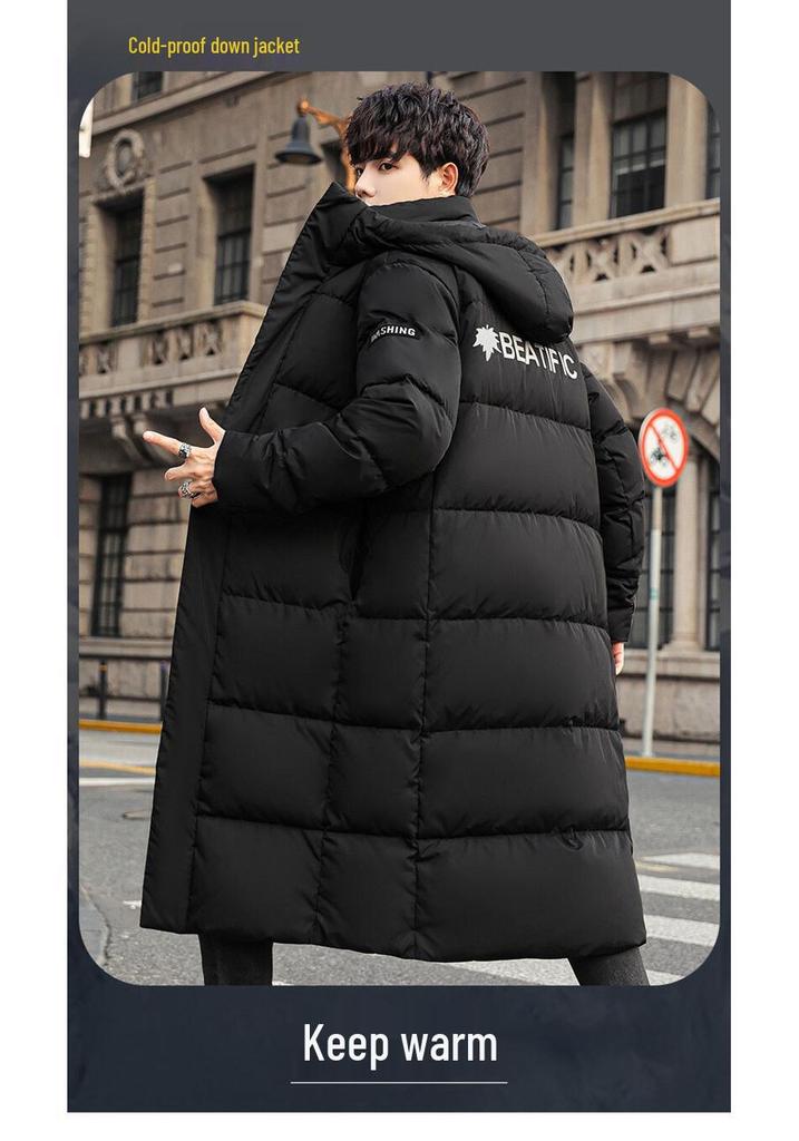 Korean Style Unisex Hooded Over-the-Knee Down Jacket - Thick, Trendy, 90% White Duck Down