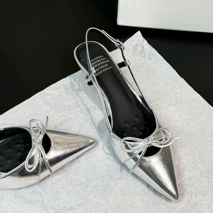 French silver bow bag head sandals women's 2025 summer absolute child thin heel empty single shoes pointed high heels