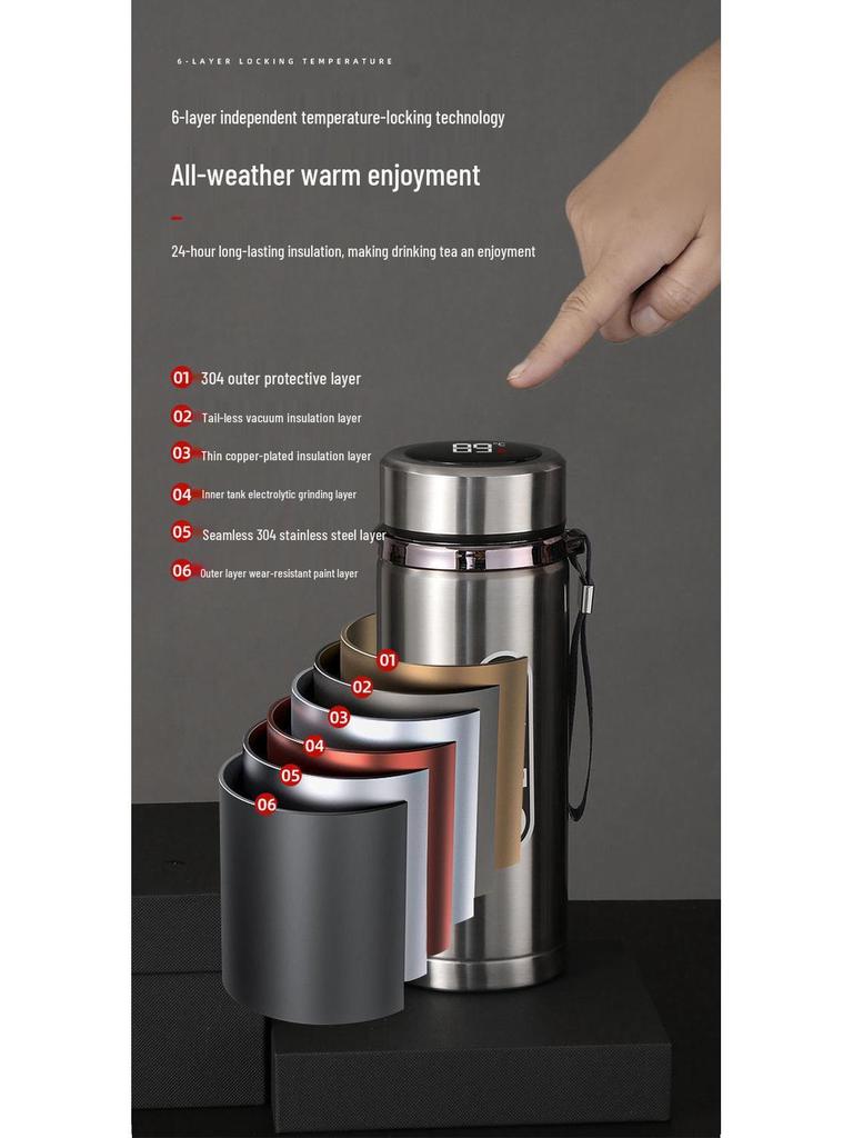 304 Stainless Steel Large-Capacity Insulated Water Cup with Smart Temperature Display and Handle
