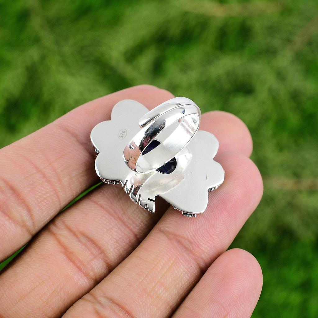 Natural Lapis Lazuli Gemstone Promise Flower Adjustable Ring 925 Sterling Silver