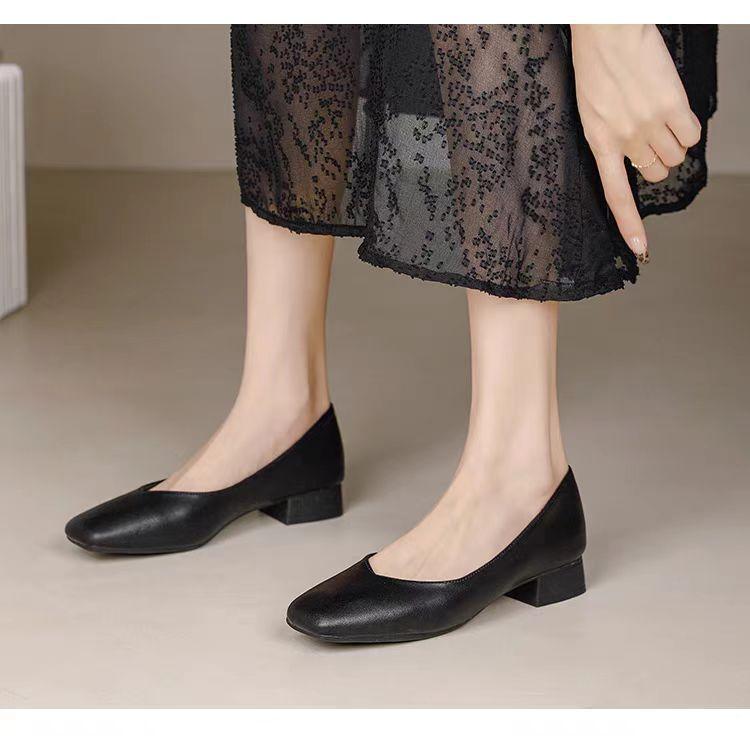 Doudou Shoes Women's New Thick Heel Gentle Fairy Square Head Single Shoes Flat Sole One Pedal Soft Sole Versatile Woman