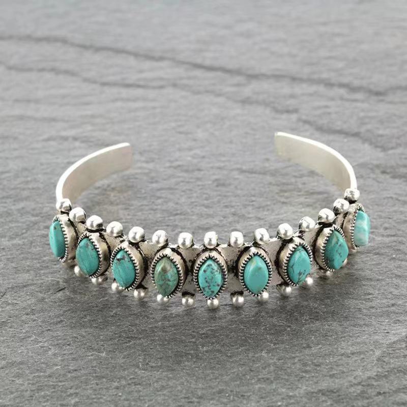Vintage Turquoise and Orange Oval Adjustable Statement Bangle Bracelet