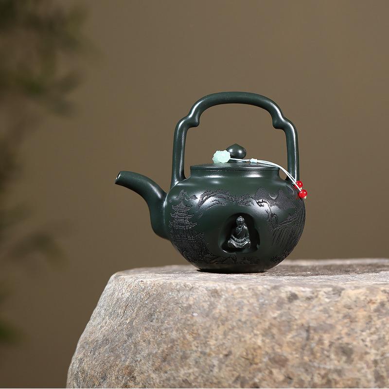

420ml Luxury Yixing Purple Clay Teapots Handmade Lifting Handle Pot Raw Ore Blackish Green Mud Tea Making Kettle Zisha Tea Set
