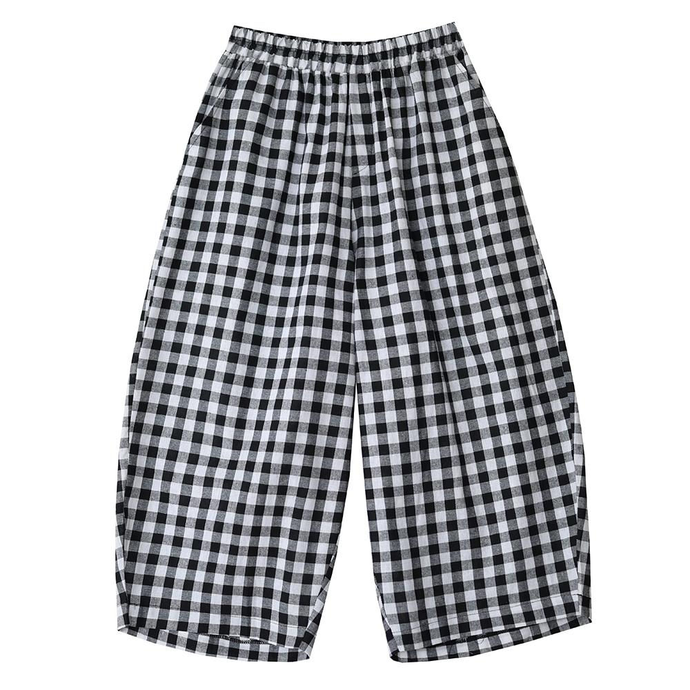 DIMANAF 2026 Summer New Plus Size Women Long Pants Vintage Printing Loose Casual Elastic Waist Lady Bottoms Black Plaid