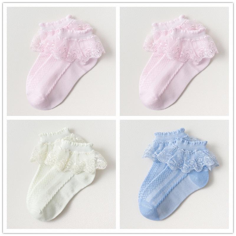 Girls  Lace Trim Mesh Breathable Socks - Spring & Summer White Princess Socks One Size