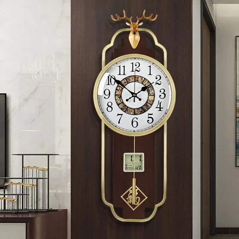 Wall Clock New Chinese Brass Living Room Home Solid Wood Luxury Chinese Style Silent High-end Watches Home Decoration