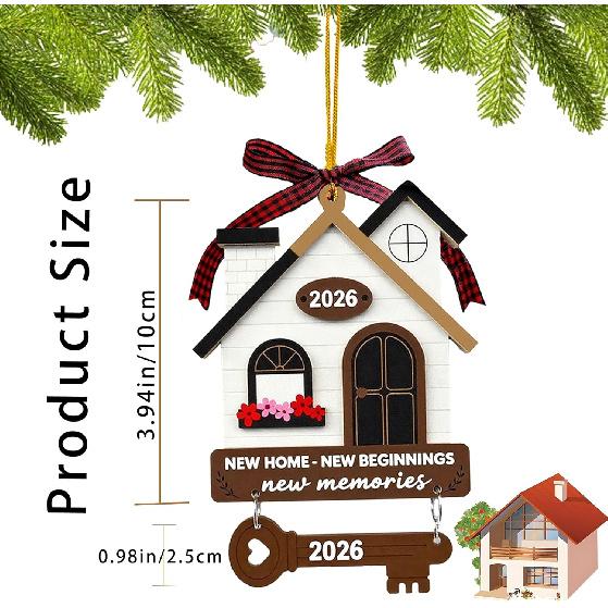 New Home Housewarming Gifts 2026 - Rustic Wood House Ornament with Key Charm & Buffalo Plaid Bow - 3.9" Closing Gift, Present for Homeowners Moving