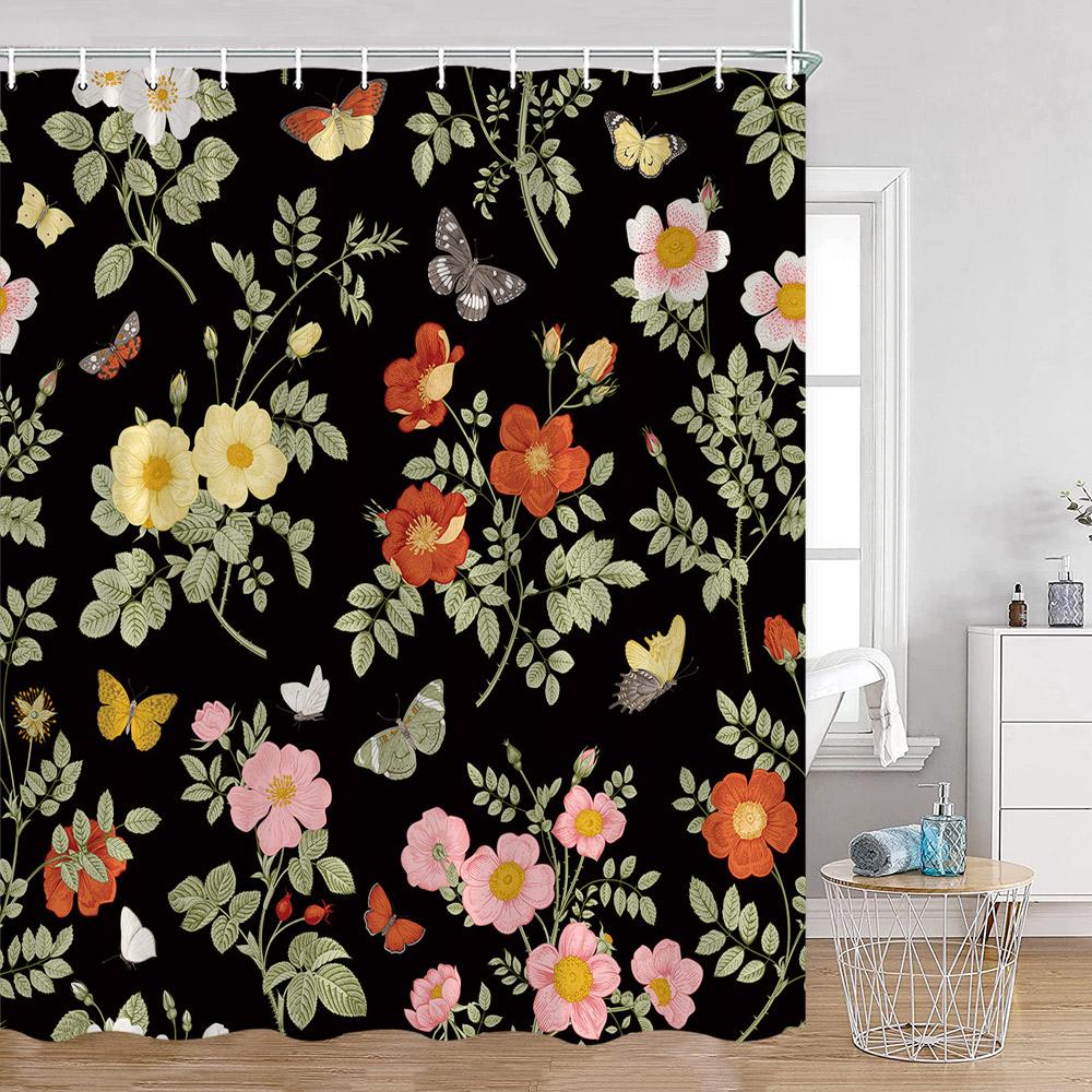 Floral Shower Curtain Colorful Flowers Birds Butterfly Botanical Green Leaves Bathroom Curtains Modern Bathtub Decor with Hooks