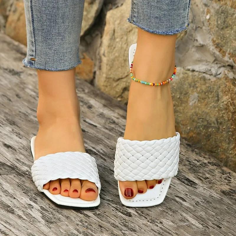 Fashion Ladies Shoes On Offer 2025 Open Toe Women's Slippers Outdoor Beach Slippers Women Plus Size Square Toe Weave Flat with Sandals